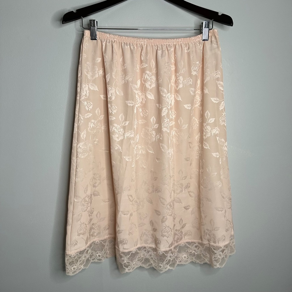Applause Floral Rose Jacquard Half Slip Women Large Pink EUC Vintage Lace Trim